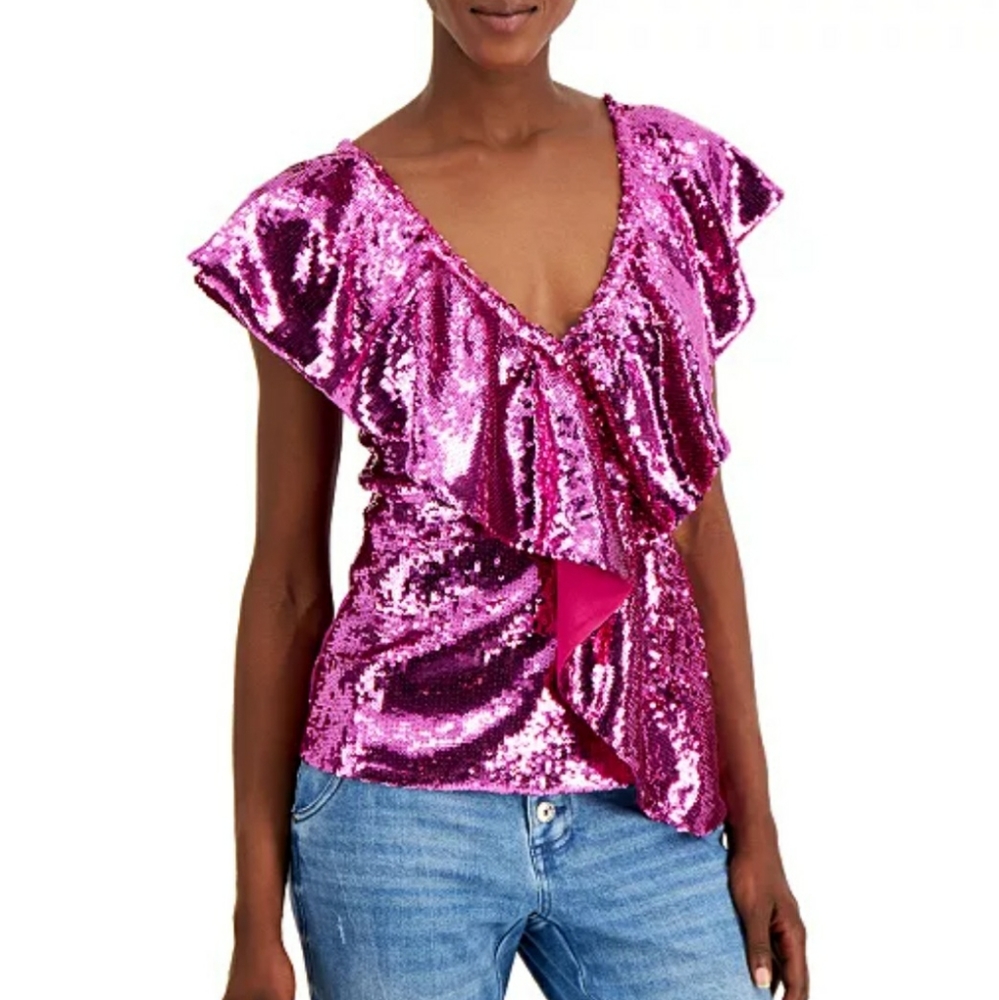 INC - Sequin Ruffle Top - Fuschia